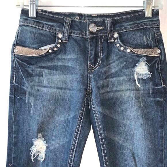 L.A. Idol Womens Distressed Skinny Jeans Size 1 With Rhinestone & Stud Accents - Picture 5 of 14